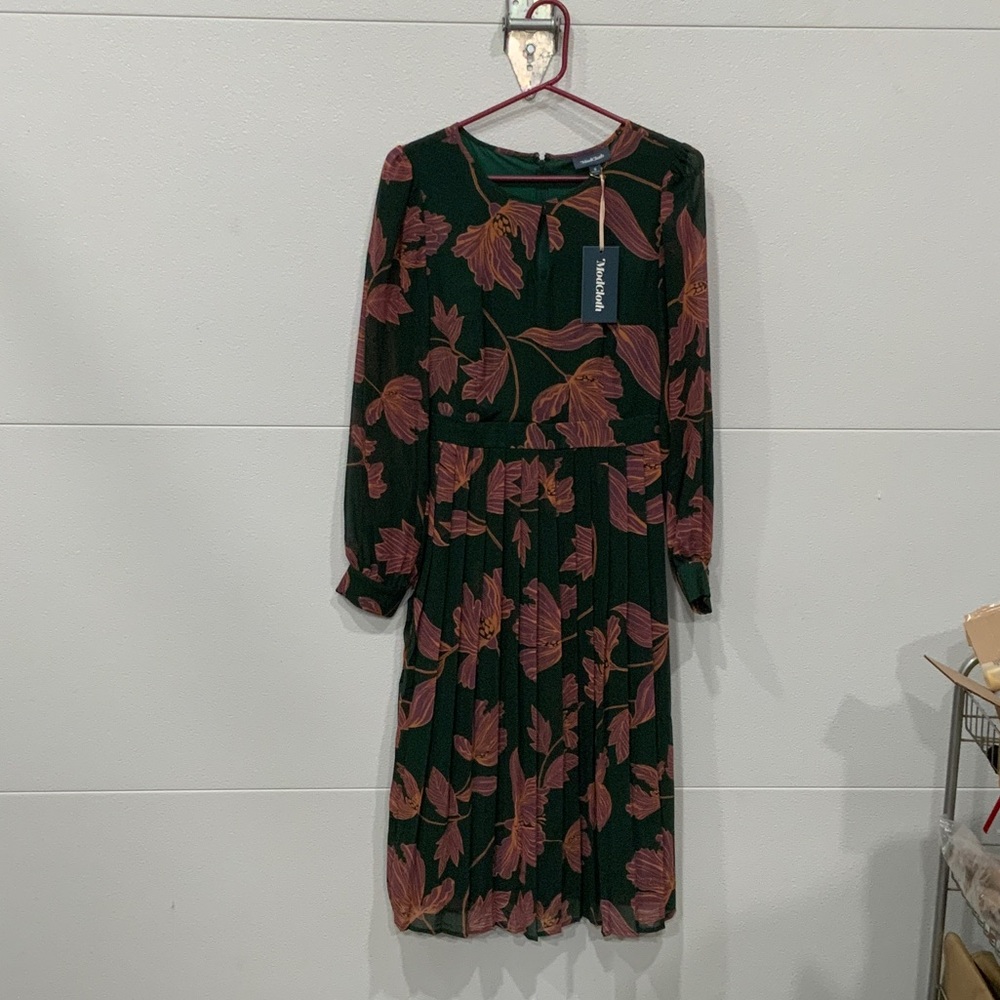 Modcloth Dark Green Long-Sleeve Floral Midi Dress with Pink and Rust Botanicals